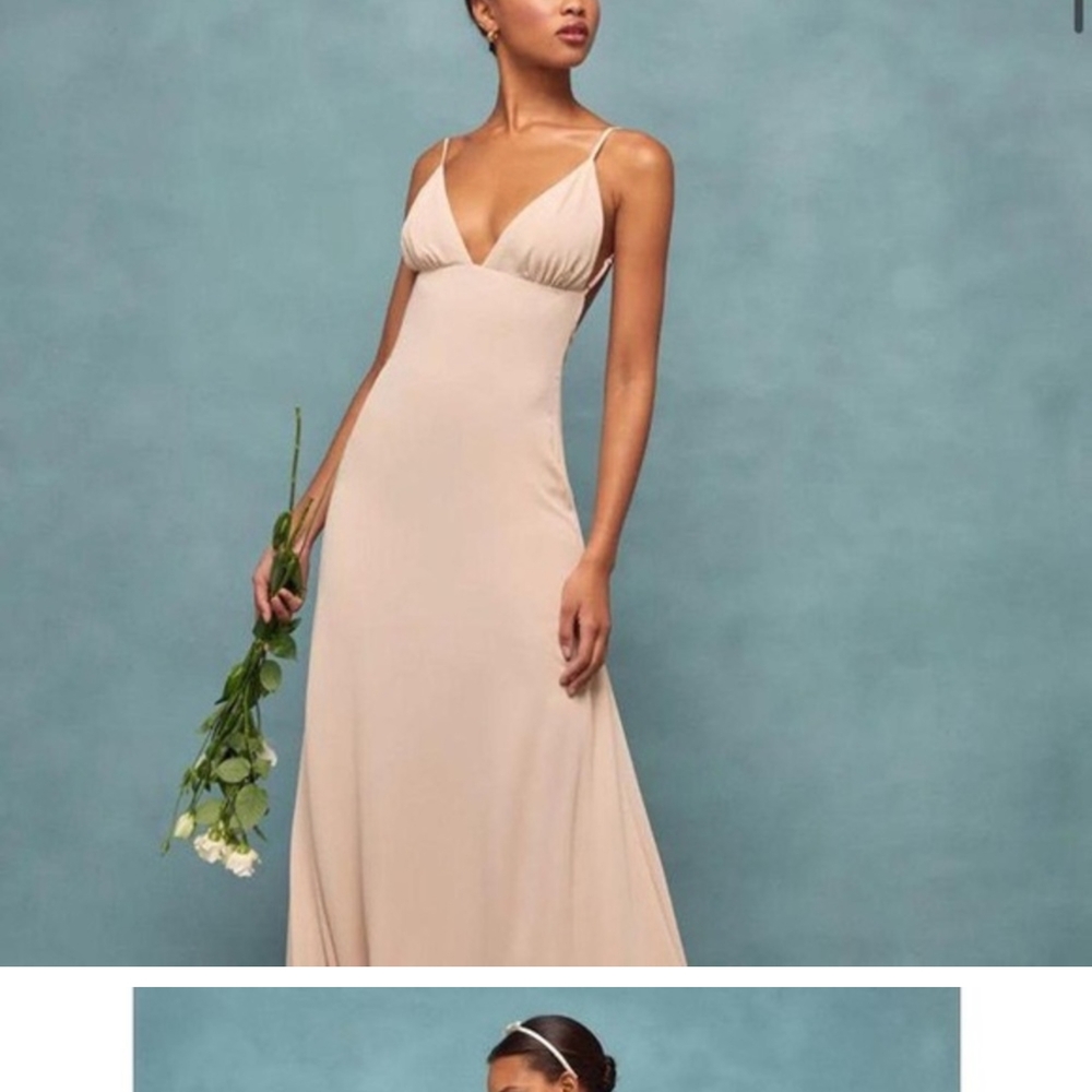 Beautiful backless Reformation floor length gown in blush